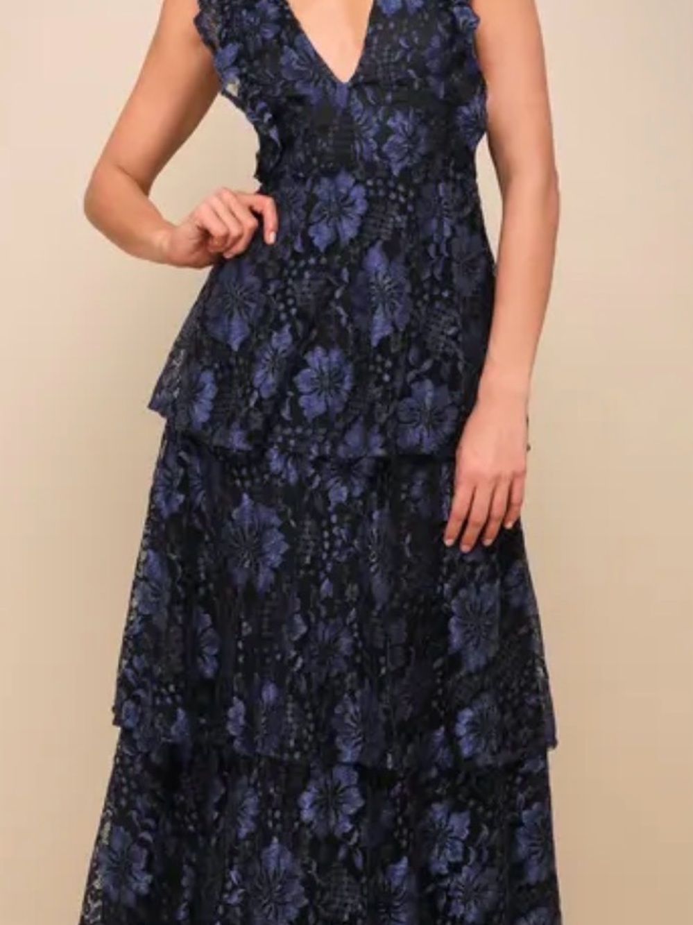 Lulu's Navy Blue Floral Lace Tiered Maxi Dress